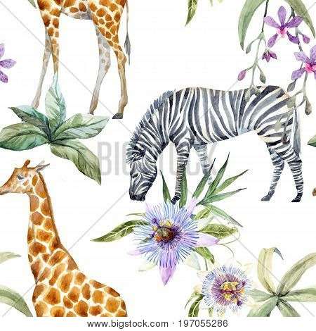 Beautiful seamless vector pattern with tropical flowers and wild zebra and giraffe