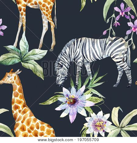 Beautiful seamless vector pattern with tropical flowers and wild zebra and giraffe