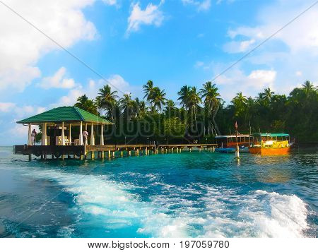 Thw main entrance to Embudu Village Island, Maledives, Indian Ocean