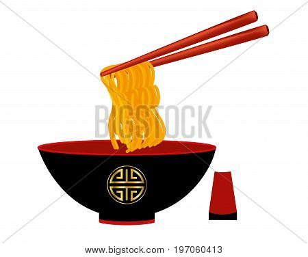 Black bowl with noodle on the red chopsticks