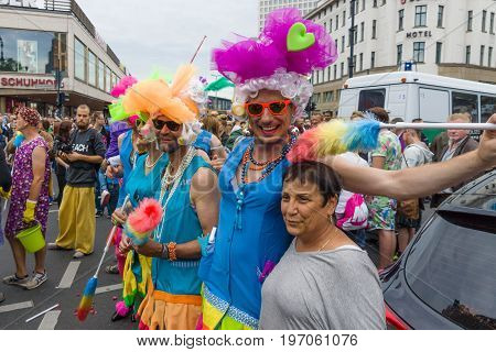 BERLIN GERMANY - JUNE 27 2015: Christopher Street Day (CSD). The annual European LGBT celebration and demonstration held in Berlin for the rights of LGBT people and against discrimination and exclusion.