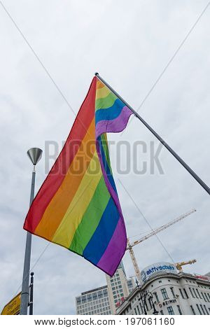 BERLIN GERMANY - JUNE 27 2015: Christopher Street Day (CSD). The annual European LGBT celebration and demonstration held in Berlin for the rights of LGBT people and against discrimination and exclusion.