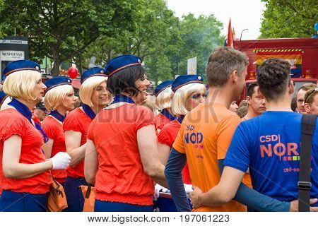 BERLIN GERMANY - JUNE 27 2015: Christopher Street Day (CSD). The annual European LGBT celebration and demonstration held in Berlin for the rights of LGBT people and against discrimination and exclusion.