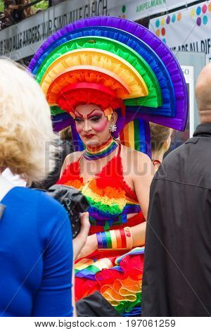 BERLIN GERMANY - JUNE 27 2015: Christopher Street Day (CSD). The annual European LGBT celebration and demonstration held in Berlin for the rights of LGBT people and against discrimination and exclusion.