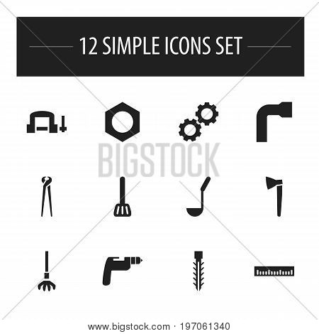 Set Of 12 Editable Tools Icons. Includes Symbols Such As Wheel Wrench, Internal Screw, Hatchet And More