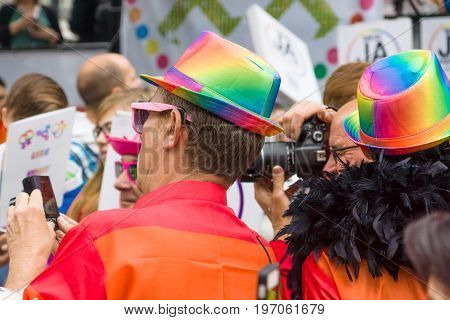 BERLIN GERMANY - JUNE 27 2015: Christopher Street Day (CSD). The annual European LGBT celebration and demonstration held in Berlin for the rights of LGBT people and against discrimination and exclusion.
