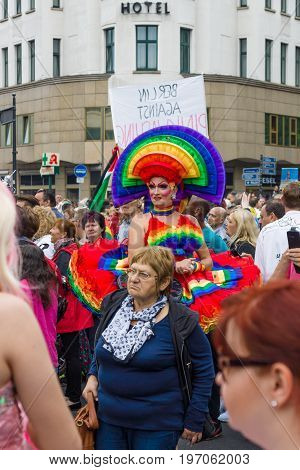 BERLIN GERMANY - JUNE 27 2015: Christopher Street Day (CSD). The annual European LGBT celebration and demonstration held in Berlin for the rights of LGBT people and against discrimination and exclusion.