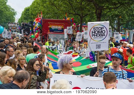 BERLIN GERMANY - JUNE 27 2015: Christopher Street Day (CSD). The annual European LGBT celebration and demonstration held in Berlin for the rights of LGBT people and against discrimination and exclusion.
