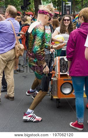 BERLIN GERMANY - JUNE 27 2015: Christopher Street Day (CSD). The annual European LGBT celebration and demonstration held in Berlin for the rights of LGBT people and against discrimination and exclusion.