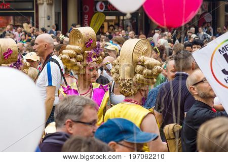 BERLIN GERMANY - JUNE 27 2015: Christopher Street Day (CSD). The annual European LGBT celebration and demonstration held in Berlin for the rights of LGBT people and against discrimination and exclusion.