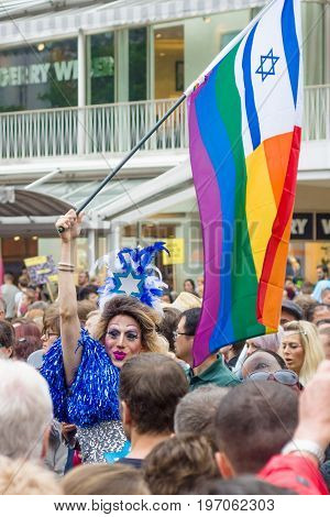 BERLIN GERMANY - JUNE 27 2015: Christopher Street Day (CSD). The annual European LGBT celebration and demonstration held in Berlin for the rights of LGBT people and against discrimination and exclusion.