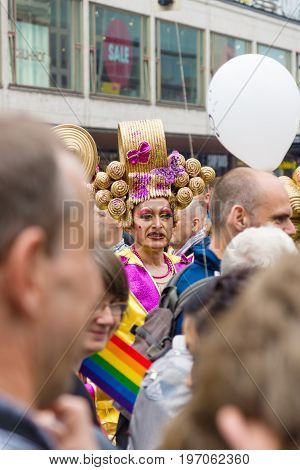 BERLIN GERMANY - JUNE 27 2015: Christopher Street Day (CSD). The annual European LGBT celebration and demonstration held in Berlin for the rights of LGBT people and against discrimination and exclusion.
