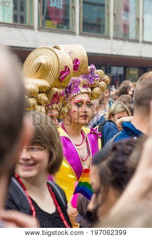 BERLIN GERMANY - JUNE 27 2015: Christopher Street Day (CSD). The annual European LGBT celebration and demonstration held in Berlin for the rights of LGBT people and against discrimination and exclusion.