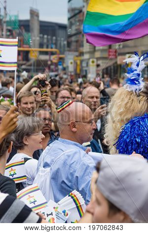 BERLIN GERMANY - JUNE 27 2015: Christopher Street Day (CSD). The annual European LGBT celebration and demonstration held in Berlin for the rights of LGBT people and against discrimination and exclusion.