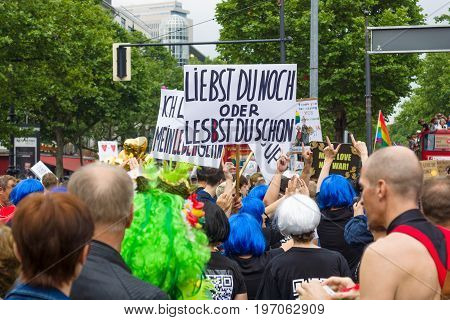 BERLIN GERMANY - JUNE 27 2015: Christopher Street Day (CSD). The annual European LGBT celebration and demonstration held in Berlin for the rights of LGBT people and against discrimination and exclusion.