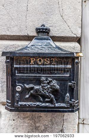 Montreal, Canada - May 27, 2017: Old Town Area With Closeup Of Post Mail Box In Evening Outside In Q