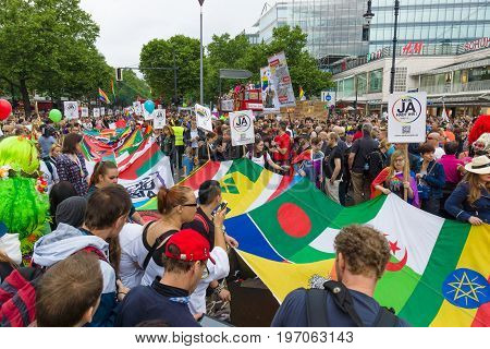 BERLIN GERMANY - JUNE 27 2015: Christopher Street Day (CSD). The annual European LGBT celebration and demonstration held in Berlin for the rights of LGBT people and against discrimination and exclusion.