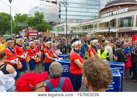 BERLIN GERMANY - JUNE 27 2015: Christopher Street Day (CSD). The annual European LGBT celebration and demonstration held in Berlin for the rights of LGBT people and against discrimination and exclusion.