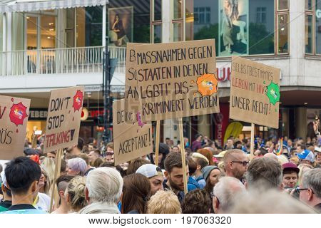 BERLIN GERMANY - JUNE 27 2015: Christopher Street Day (CSD). The annual European LGBT celebration and demonstration held in Berlin for the rights of LGBT people and against discrimination and exclusion.