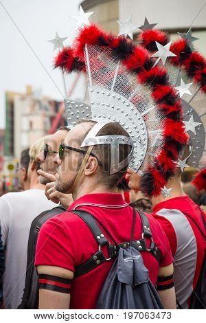 BERLIN GERMANY - JUNE 27 2015: Christopher Street Day (CSD). The annual European LGBT celebration and demonstration held in Berlin for the rights of LGBT people and against discrimination and exclusion.