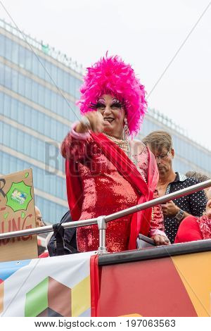 BERLIN GERMANY - JUNE 27 2015: Christopher Street Day (CSD). The annual European LGBT celebration and demonstration held in Berlin for the rights of LGBT people and against discrimination and exclusion.