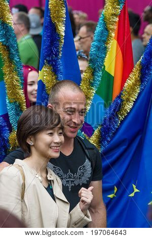 BERLIN GERMANY - JUNE 27 2015: Christopher Street Day (CSD). The annual European LGBT celebration and demonstration held in Berlin for the rights of LGBT people and against discrimination and exclusion.
