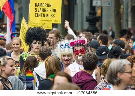 BERLIN GERMANY - JUNE 27 2015: Christopher Street Day (CSD). The annual European LGBT celebration and demonstration held in Berlin for the rights of LGBT people and against discrimination and exclusion.