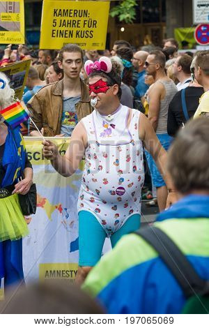 BERLIN GERMANY - JUNE 27 2015: Christopher Street Day (CSD). The annual European LGBT celebration and demonstration held in Berlin for the rights of LGBT people and against discrimination and exclusion.