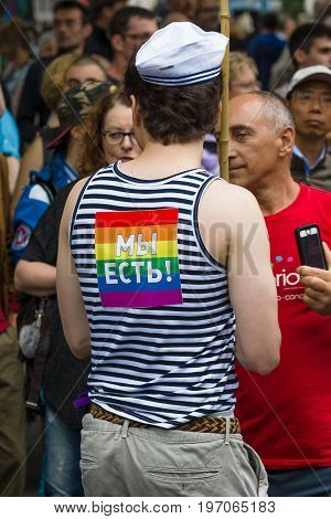 BERLIN GERMANY - JUNE 27 2015: Christopher Street Day (CSD). The annual European LGBT celebration and demonstration held in Berlin for the rights of LGBT people and against discrimination and exclusion.