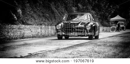 GOLA DEL FURLO, ITALY - MAY 19: MERCEDES-BENZ 300 SL COUPÉ W 198 1955 on an old racing car in rally Mille Miglia 2017 the famous italian historical race (1927-1957) on May 19 2017
