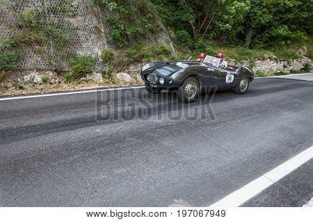 GOLA DEL FURLO, ITALY - MAY 19: ARNOLT BRISTOL BOLIDE 1954 1 on an old racing car in rally Mille Miglia 2017 the famous italian historical race (1927-1957) on May 19 2017