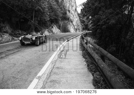 GOLA DEL FURLO, ITALY - MAY 19: FERRARI 225 S SPIDER VIGNALE 1952 on an old racing car in rally Mille Miglia 2017 the famous italian historical race (1927-1957) on May 19 2017
