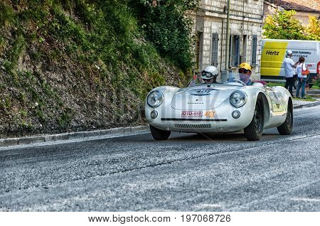 GOLA DEL FURLO, ITALY - MAY 19: PORSCHE 550 SPYDER RS 1955 on an old racing car in rally Mille Miglia 2017 the famous italian historical race (1927-1957) on May 19 2017