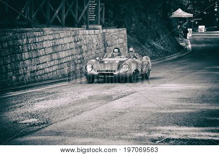 GOLA DEL FURLO, ITALY - MAY 19: LOTUS ELEVEN CLIMAX 1956 on an old racing car in rally Mille Miglia 2017 the famous italian historical race (1927-1957) on May 19 2017