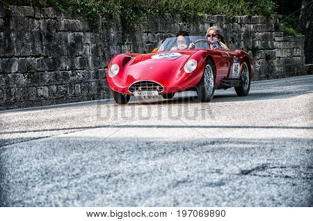 GOLA DEL FURLO, ITALY - MAY 19: BANDINI 750 SPORT INTERNAZIONALE 1957 on an old racing car in rally Mille Miglia 2017 the famous italian historical race (1927-1957) on May 19 2017