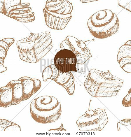 Seamless vector pattern with bakery goods. Bread bun iced cinnamon bun cupcake cake and croissant.