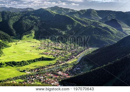 BEautiful view from hill Hrdos (Ostre). Great Fatra mountains landscape. Villages Hubova and Svosov at backround