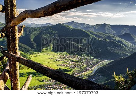 Slovak country from view point on hill Hrdos. Great Fatra mountains landscape. Villages Hubova and Svosov at backround