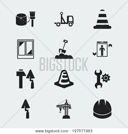 Set Of 12 Editable Construction Icons. Includes Symbols Such As Elevator, Warning Cone, Construction Tools And More
