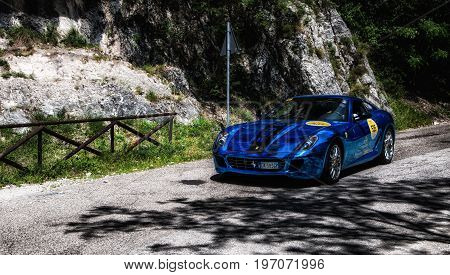 PESARO, ITALY - MAY 15: FERRARI 599 GTB FIORANO old racing car in rally Mille Miglia 2015 the famous italian historical race 1927-1957 on May 15 2015