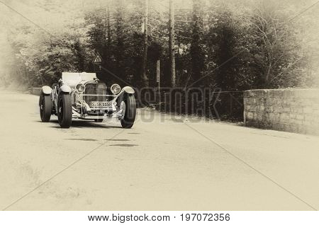 GOLA DEL FURLO, ITALY - MAY 19: MERCEDES-BENZ 710 SSK 1928 on an old racing car in rally Mille Miglia 2017 the famous italian historical race (1927-1957) on May 19 2017