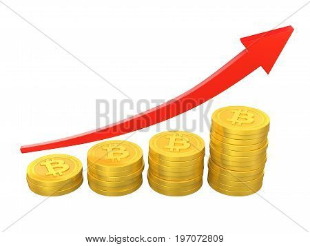 Stack of Bitcoins with Arrow Up isolated on white background. 3D render