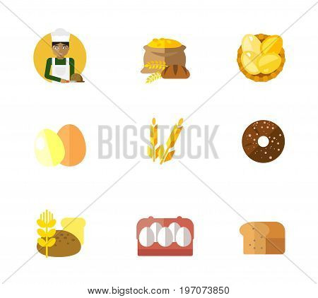 Bakery icon set. Baker cutting bread Grain Eggs in basket Two eggs Wheat ear Finnish round rye bread Loafs and wheat Eggs in cartoon package Bread