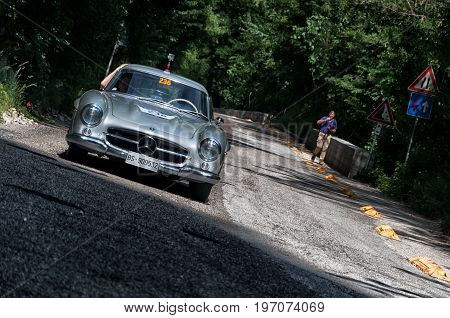 GOLA DEL FURLO, ITALY - MAY 19: MERCEDES-BENZ 300 SL COUPÉ W 198 1955 on an old racing car in rally Mille Miglia 2017 the famous italian historical race (1927-1957) on May 19 2017