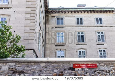 Montreal, Canada - May 28, 2017: Old Town Area With Notre Dame Basilica Street During Day On Stone W