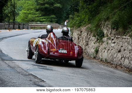 GOLA DEL FURLO, ITALY - MAY 19: BIANCHI PANHARD ITALFRANCE 750 S COLLI 1954 on an old racing car in rally Mille Miglia 2017 the famous italian historical race (1927-1957) on May 19 2017