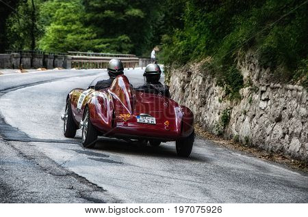 GOLA DEL FURLO, ITALY - MAY 19: BIANCHI PANHARD ITALFRANCE 750 S COLLI 1954 on an old racing car in rally Mille Miglia 2017 the famous italian historical race (1927-1957) on May 19 2017