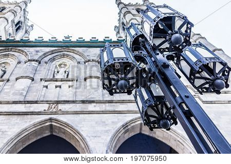 Montreal, Canada - May 28, 2017: Old Town Area With Notre Dame Basilica Street During Day And Lanter