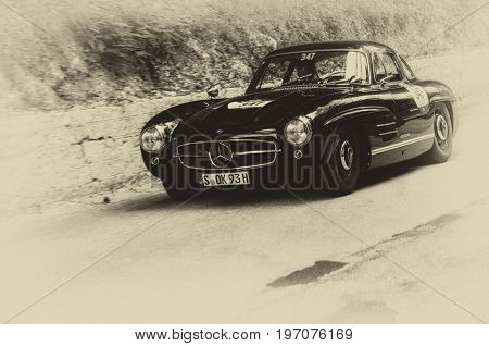 GOLA DEL FURLO, ITALY - MAY 19: MERCEDES-BENZ 300 SL COUPÉ W 198 1955 on an old racing car in rally Mille Miglia 2017 the famous italian historical race (1927-1957) on May 19 2017