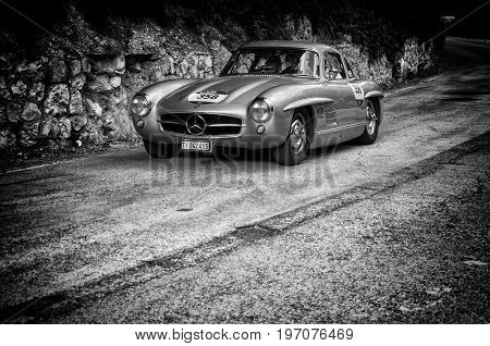 GOLA DEL FURLO, ITALY - MAY 19: FERRARI 750 MONZA SPIDER SCAGLIETTI 1954 on an old racing car in rally Mille Miglia 2017 the famous italian historical race (1927-1957) on May 19 2017